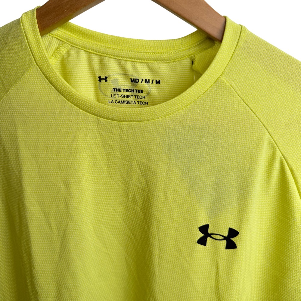 Under Armour Mens Tech Tee M Yellow Active Gym Shirt Neon Wicking Running Sporty - Picture 2 of 7